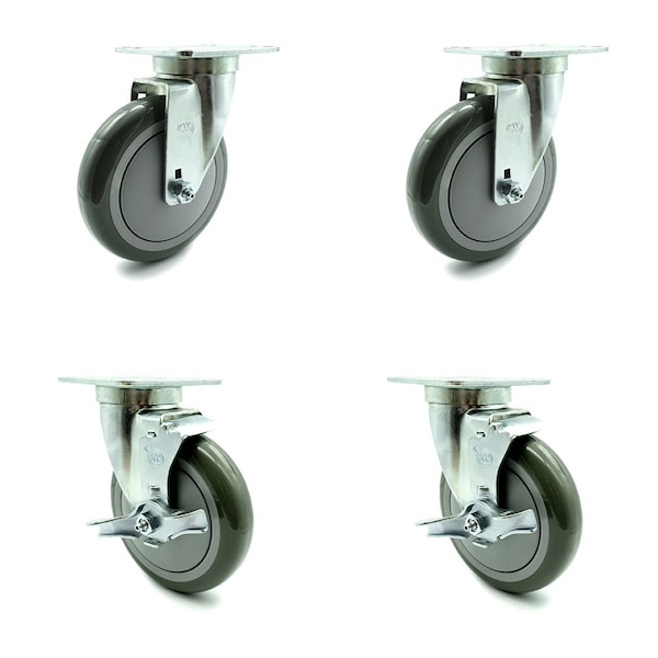 SCC 5" x 1.25" Gray Polyurethane Wheel Caster -2 Swivel/2 Swivel w/Brakes, 4PK